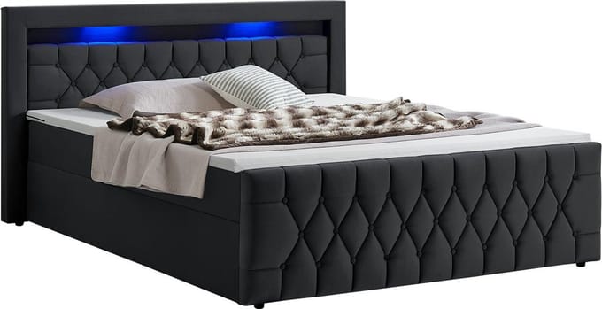 Juskys Boxspringbed Leona - 180 x 200 cm - Zwart- Incl. LED verlichting