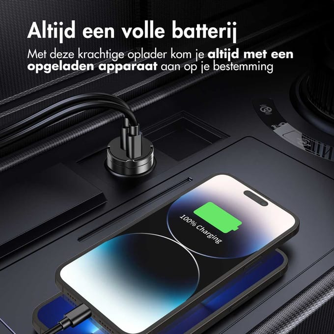 Accezz Autolader 2x USB C - Snellader 65W - Compacte Auto Oplader - USB lader - Zwart