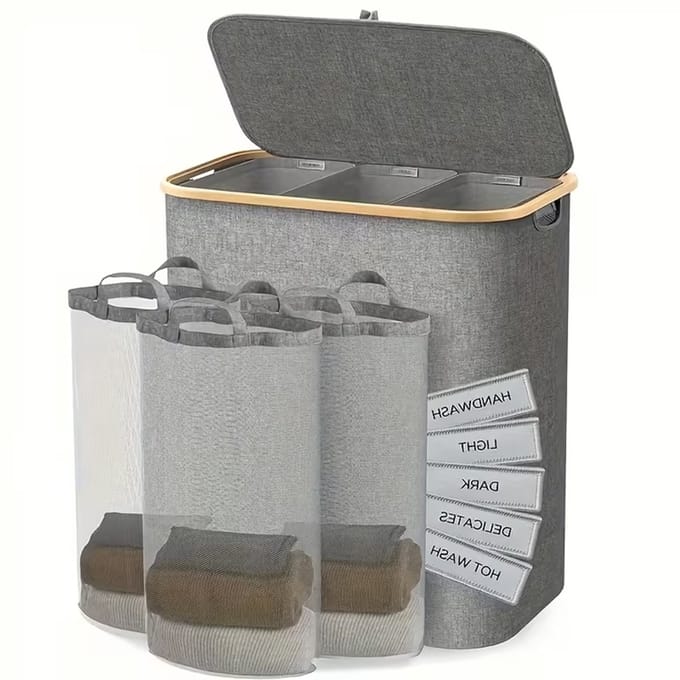 Jently wasmand - wasmand met deksel - afneembare/wasbare binnenzak - 160L - grijs