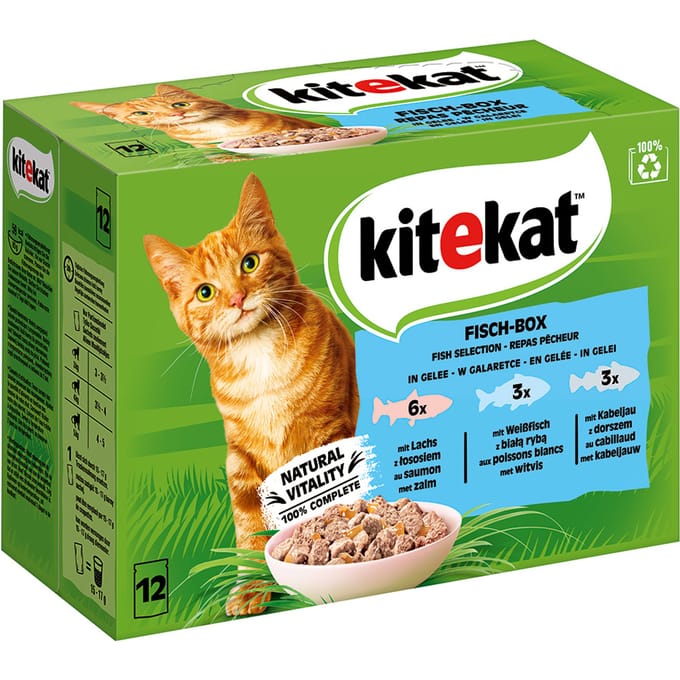 48x85g Maaltijdzakjes Vis Box in Gelei Kitekat Kattenvoer