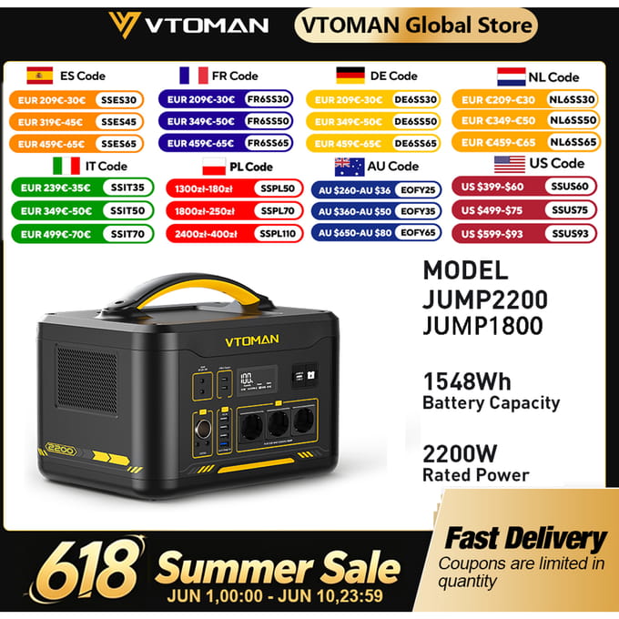VTOMAN JUMP 2200/JUMP 1800 draagbare krachtcentrale 828/1548Wh LiFeP04 batterij zonnegenerator zonne-energie voor thuis buiten kamperen JUMP 2200