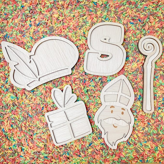 Villa Hip Sinterklaas vulvormen set - 5 Stuks - Hout - Sensorisch speelgoed l Open einde l Speeltray - Sint, piet, staf, chocoladeletter, cadeau