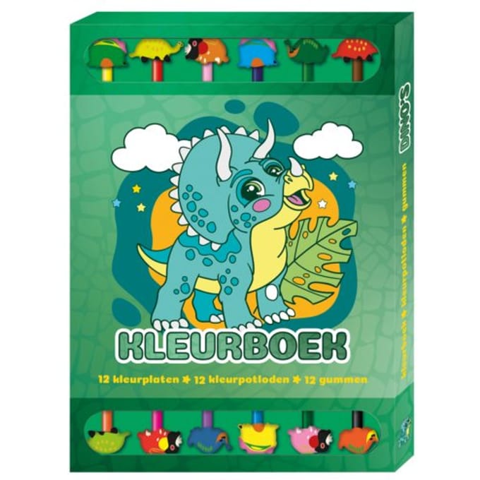 Kleurboek Box Met 12 Potloden En Gummen - Dino's - Interstat