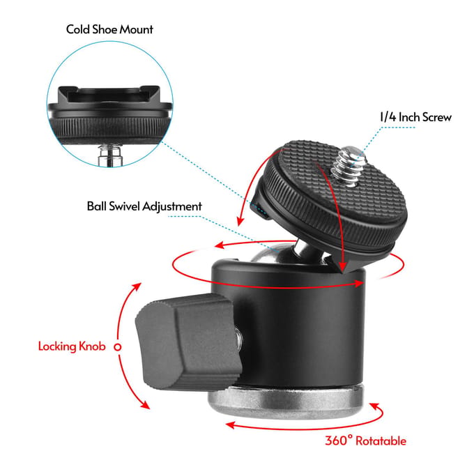 2 en 1 Vis 1/4 Support Griffe Froide Rotule Orientable à 360 degrés Double Usage Mini Rotule Alliage d'Aluminium noir