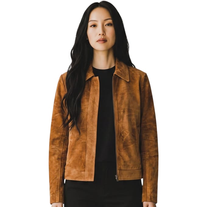 Dames beige Suède leren bomber Blouson Varsity Jas - Austurland
