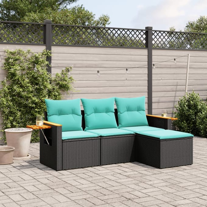 vidaXL - 4-delige - Loungeset - met - kussens - poly - rattan - zwart