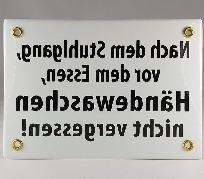 Emaille Bord - Handwerk Decoratie - Hygiëne Herinnering - Heet Gebrand - 17x12cm - Wit