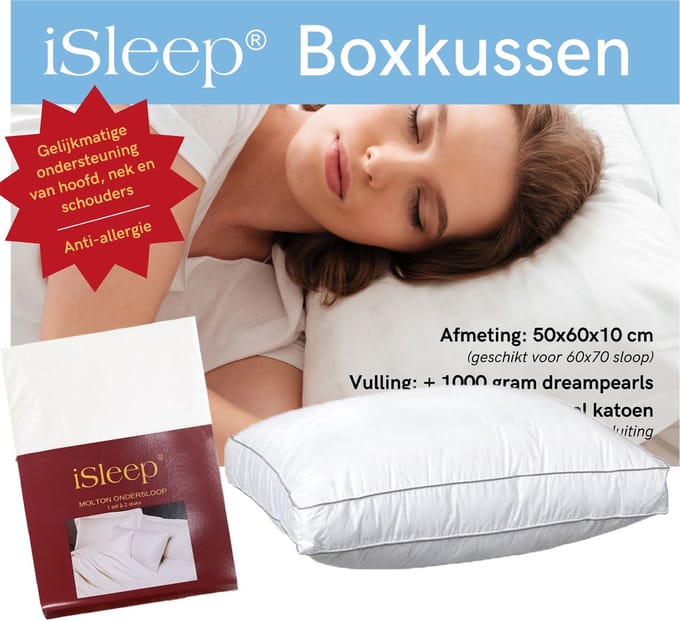 iSleep Boxkussen Set ( 1 Kussen + 1 iSleep Moltonsloop) - Dreampearls - 50x60x10 cm - Wit