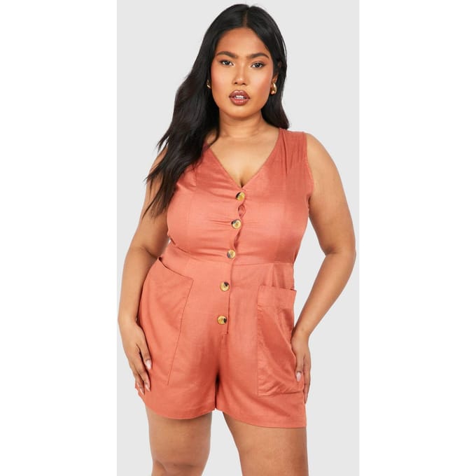 boohoo Dames Plus Geweven Getailleerde Button Down Playsuit | Terracotta | Maat: 56