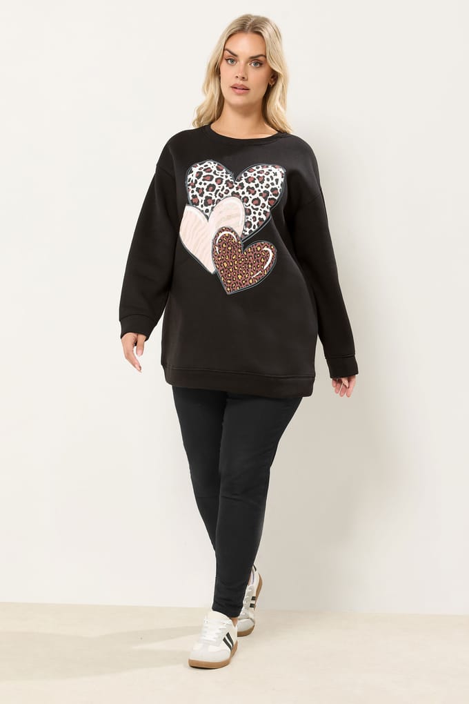 Yours Zwart Sweatshirt Met Luipaardprint En Hartjes Size 46