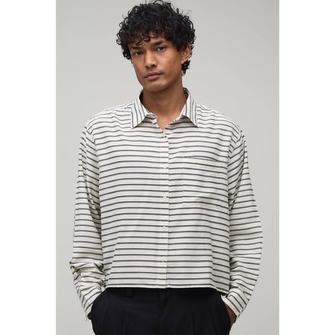 Gecropped Boxy Oversized Gestreept Shirt | Stone | Size Small