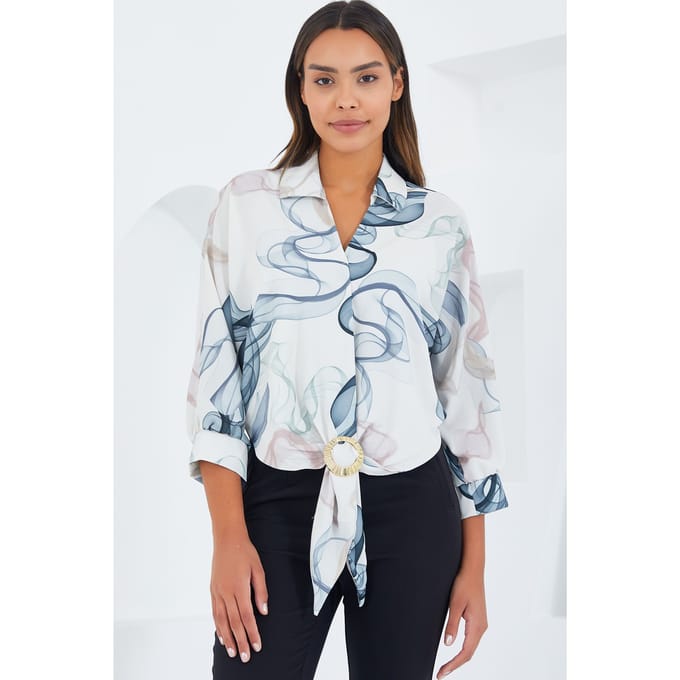 Gedrukte Crop Shirt met Pompom Detail