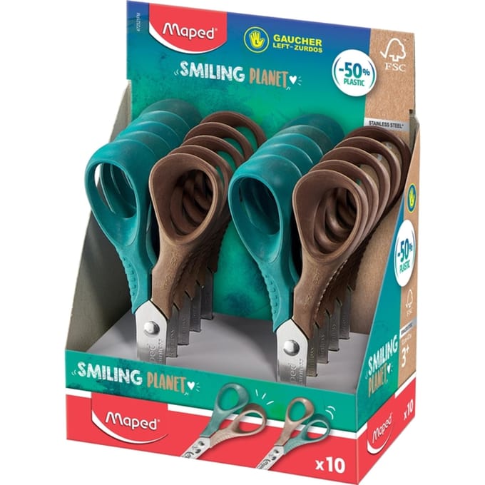 Kinderschaar Maped Smiling Planet 12cm linkshandig bruin/groen display à 10 stuks