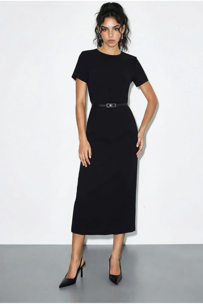 Geveste Midi-jurk met Ronde Hals