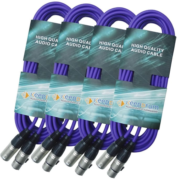 Keepdrum 4x XLR Microfoonkabel Set - Paars 10 Meter - 3-Polige Audio Kabel voor Studio en Live Muziek