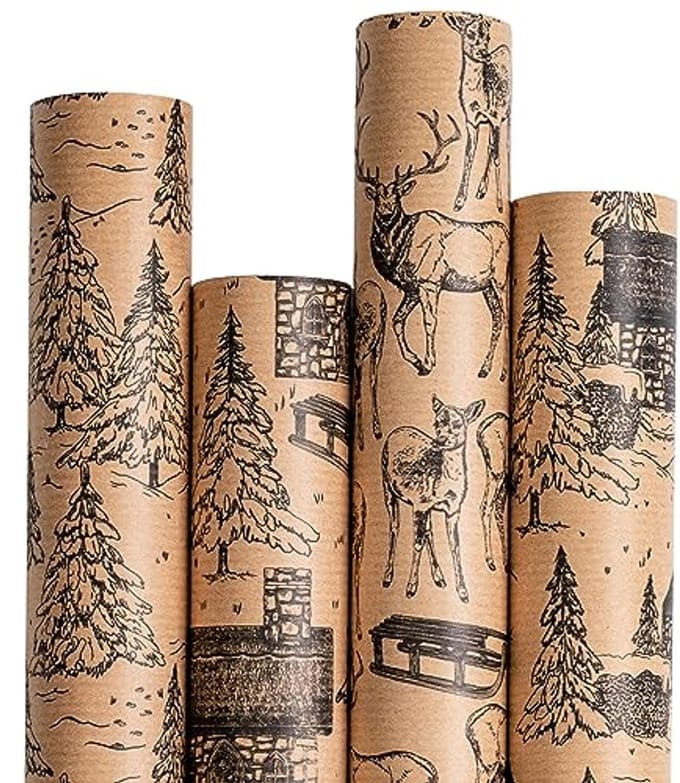 Kraft Kerst Inpakpapier - 4 Rollen met Landschap Ontwerp - 43,5x305cm