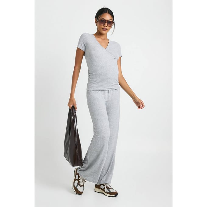 boohoo Dames Zwangerschaps Soft Rib Wrap Top & Broek Lounge Set | Grijs | Maat: 46