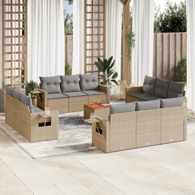 vidaXL - 13-delige - Loungeset - met - kussens - poly - rattan - gemengd - beige