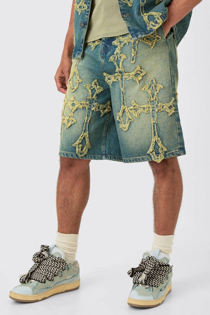 Versleten Cross Applique Denim Jorts in Groen | Green | Size 36