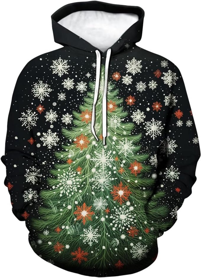Unisex Kerstboom Sweater met Capuchon en Kangoeroezak