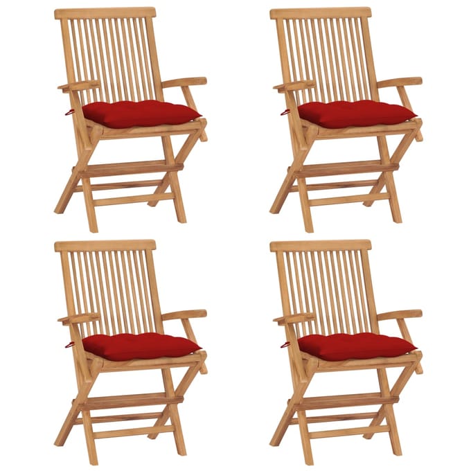 vidaXL - Klapstoelen - met - rode - kussens, - 4 - stuks, - massief - teakhout