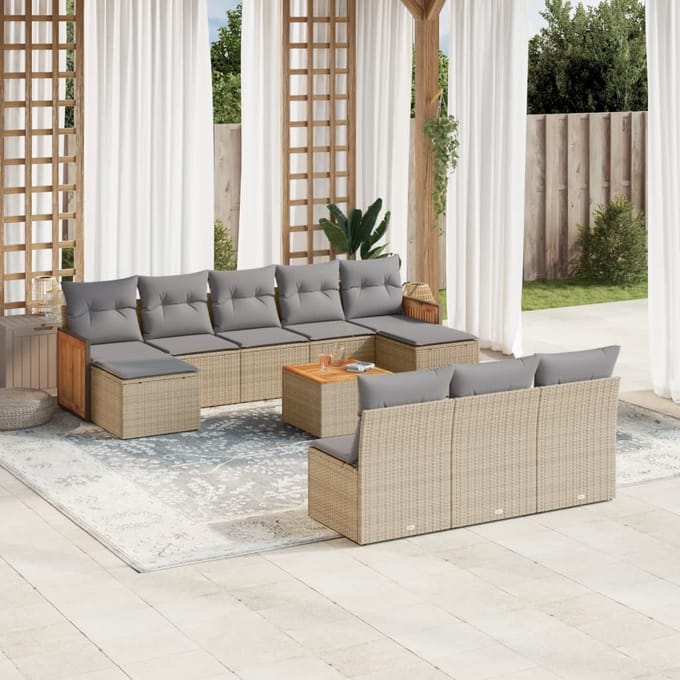 vidaXL - 11-delige - Tuinset - met - kussens - poly - rattan - beige