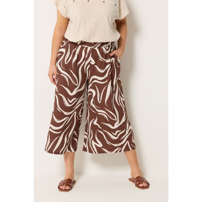Yours Bruine Abstracte Cropped Broek Met Wijde Pijpen Size 48