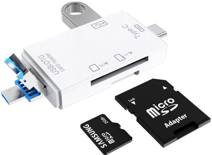 USB-C + USB + Micro-USB naar SD + Micro SD (tf) + USB Female adapter - kaartlezer cardreader - voor o.a. telefoon en laptop - wit