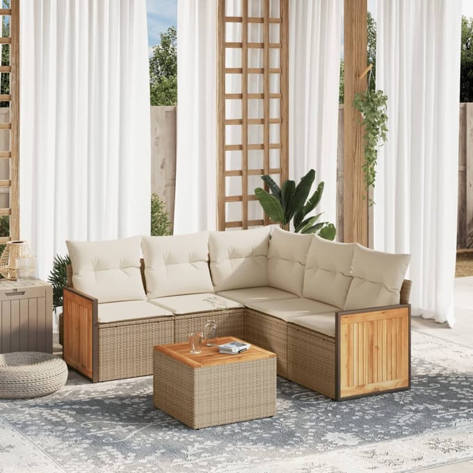 vidaXL - 6-delige - Loungeset - met - kussens - poly - rattan - beige