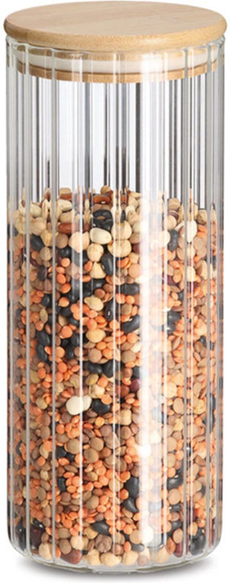 Zeller Voorraad/bewaar pot Grooves - hard glas - transparant - 1100 ml - bamboe deksel - luchtdicht