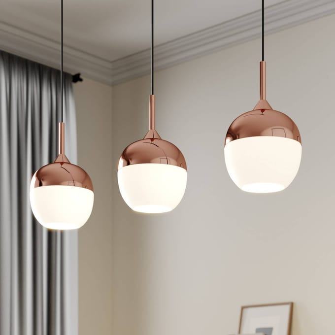 Lindby - hanglamp - 3lichts - Ijzer, glas - H: 20 cm - E27 - koper, wit