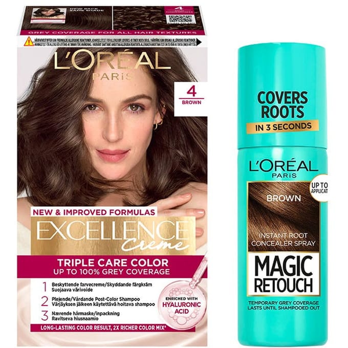 L'Or&eacute;al Paris Excellence Creme Hair Color 4 Brown &amp; Magic Retouch Brown Instant Root Concealer Spray 1 pcs + 75 ml