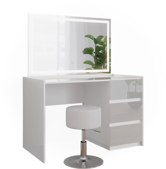 Vicco Marla Kaptafel – 120 cm met LED-spiegel en kruk Wit Hoogglans