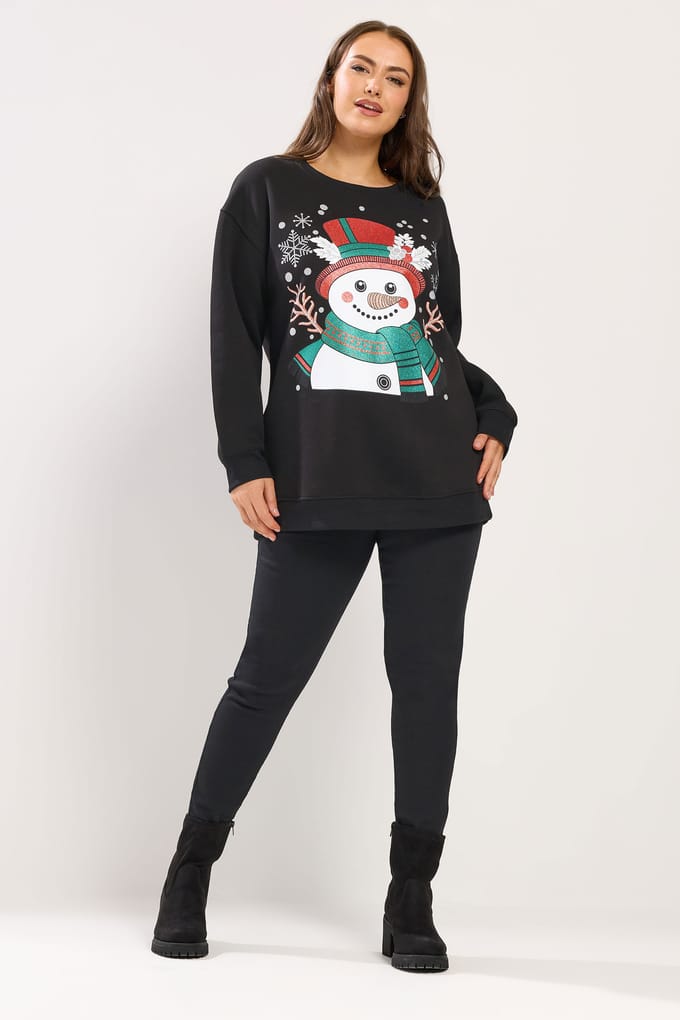 Yours Zwart Sweatshirt Met Glitter En Sneeuwpop Size 46