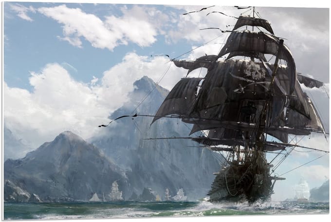 Forex - Geschilderd Schip met Bergen - 90x60cm Foto op Forex