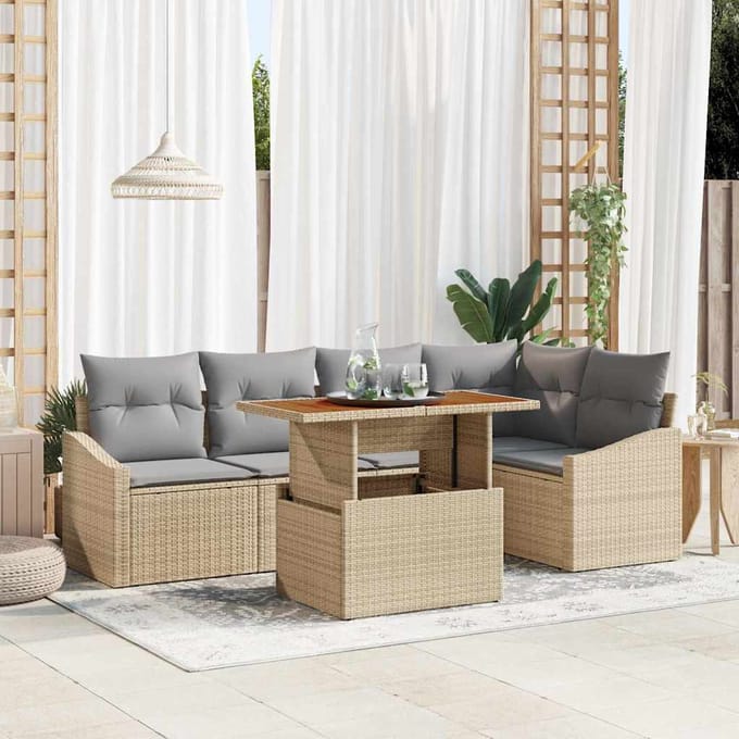 vidaXL Tuin Eettafel Set met kussen 6 pcs Beige en Grijs