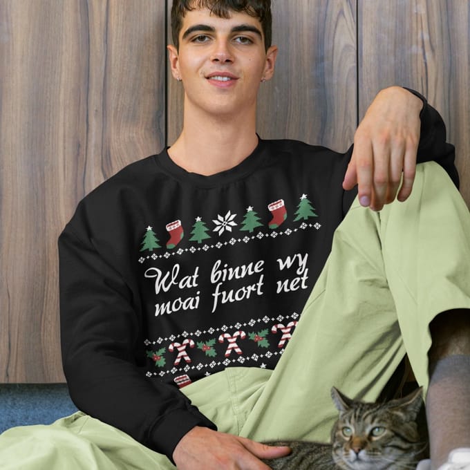 Friese Kersttrui Zwart Wat Binne Wy Moai Fuort Net - Maat S - Uniseks Fit - Kerstkleding Voor Dames & Heren
