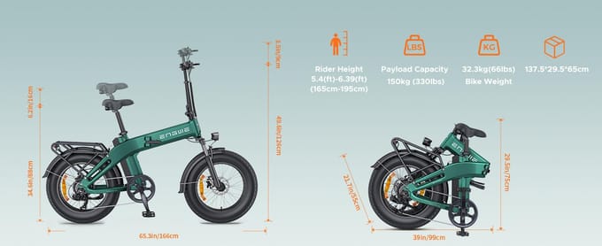 ENGWE folding electric bicycle, 48V 13.5Ah battery, range up to 120km, foldable design, all-terrain application, EP-2 3.0 Boost M groen