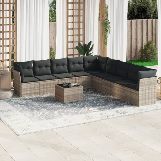 vidaXL - 10-delige - Loungeset - met - kussens - poly - rattan - lichtgrijs