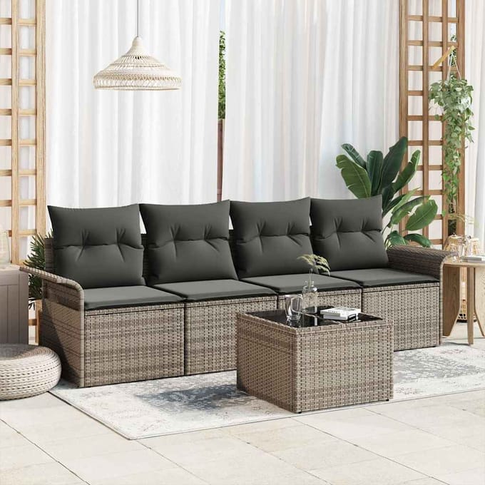vidaXL Tuinbank Set met kussen met opslag 5 pcs Grijs poly rattan