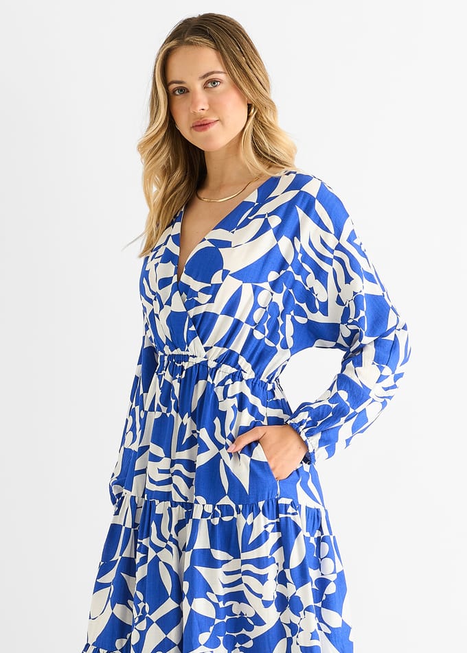 Blauwe Abstracte Wikkel Elastische Taille Midaxi Dress