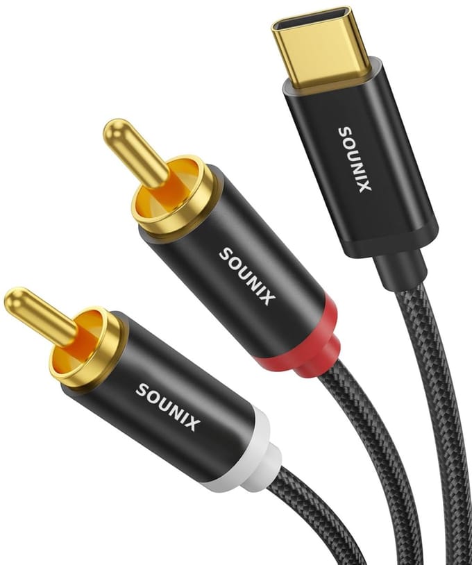 Sounix USB-C naar RCA Audio Kabel - DAC chip - Hi-Fi - USB-C Adapter - 24 bit/ 96Khz -DAC chip - 1.2 Meter - Zwart