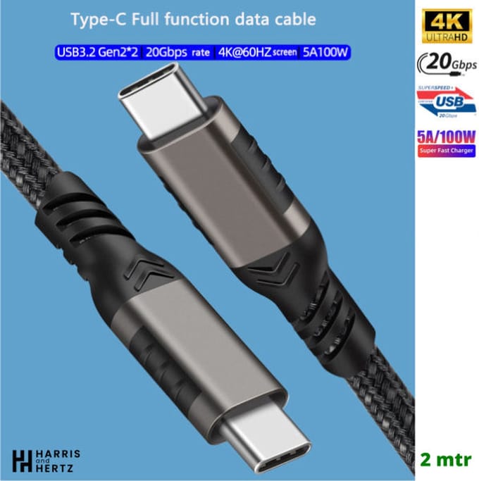 Harris and Hertz - USB C kabel met E-marker - 5A/100W - 2 Meter - Snellader - USB 3.2x2 - Oplaadkabel - 20Gbps - Gevlochten Nylon
