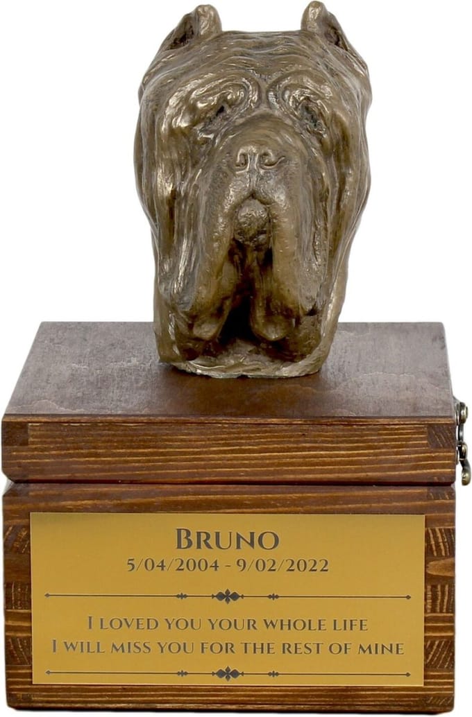 Urn voor hondenas met beeldje van Neapolitaanse Mastiff