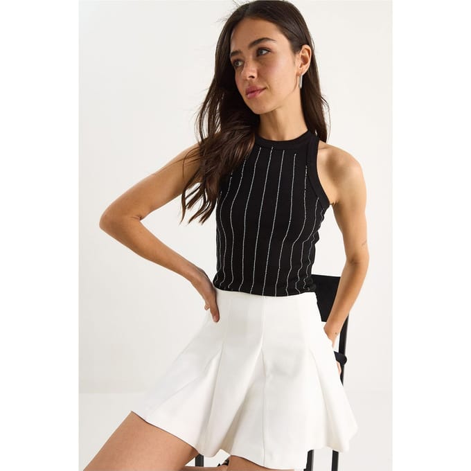 Gestreepte Ribgebreide Korte Top met Ronde Hals
