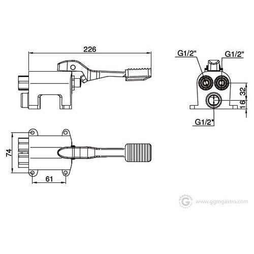 GGM Gastro Voetpedaal 4000 - met mengkraan (warm/koud), tafelmodel, G1/2, eengreeps, verchroomd RVS - 226x74x84mm zilver