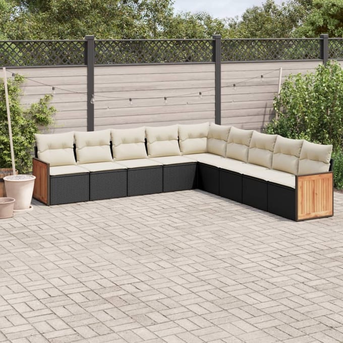 vidaXL - 9-delige - Loungeset - met - kussens - poly - rattan - zwart