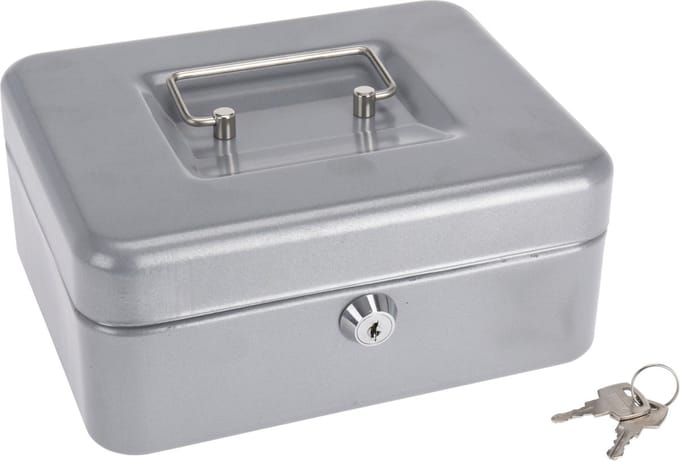 Spaarpot geldkistje metaal zilver met slot 20 cm