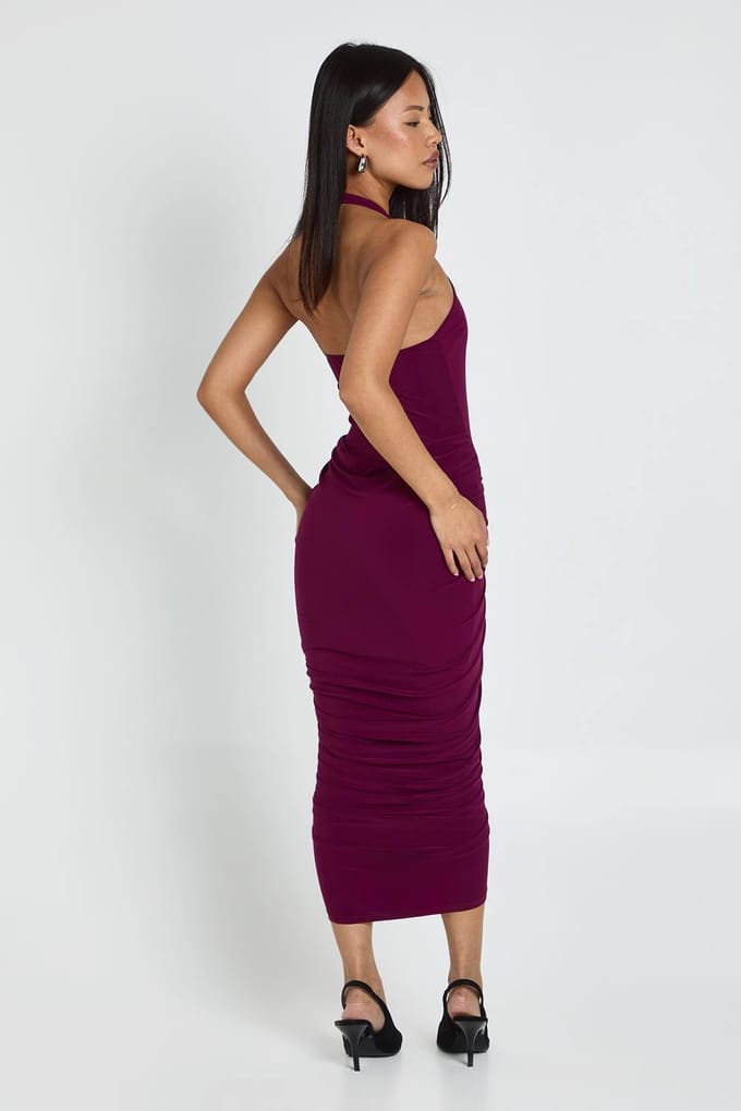boohoo Dames Petite geraffelde panel halterneck midaxi-jurk | Pruim | Maat: 42