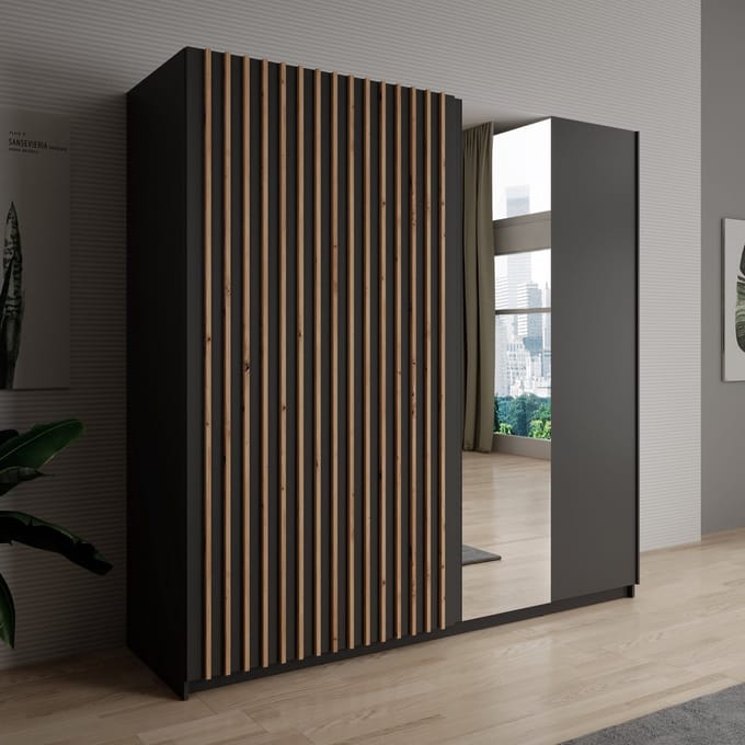 Meubella - Kledingkast Deliryon - Zwart - 200 cm - Met spiegel